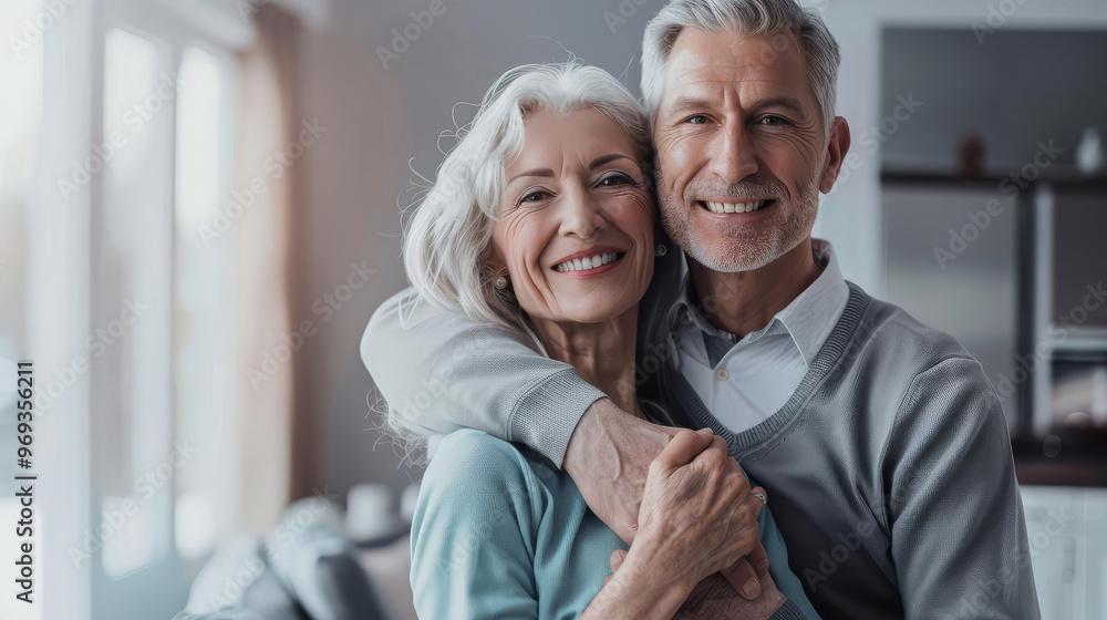 A joyful senior couple embraces in a bright, modern living room. With warm smiles, they share a tender moment, illuminated by natural light, reflecting love and companionship. A joyful senior couple embraces in a bright, modern living room. With warm smiles, they share a tender moment, illuminated by natural light, reflecting love and companionship.