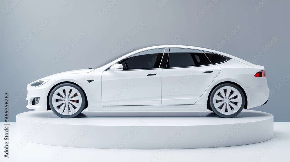 Stylish white electric car displayed on a pedestal, showcasing modern design and innovation in automotive technology. Stylish white electric car displayed on a pedestal, showcasing modern design and innovation in automotive technology.