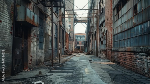 A moody urban landscape features a narrow, abandoned alleyway surrounded by weathered brick buildings. Natural light filters through broken windows, highlighting decay and nostalgia.