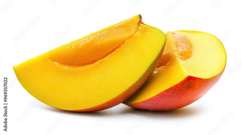 Sliced mango with its vibrant orange-yellow flesh, isolated on a white background Sliced mango with its vibrant orange-yellow flesh, isolated on a white background