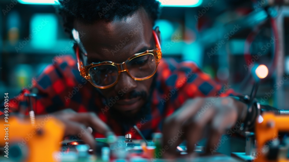 A focused technician works on complex electronics in a dimly lit workshop. A focused technician works on complex electronics in a dimly lit workshop.