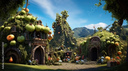 A whimsical scene of a fantasy world where kiwi fruits are oversized, serving as playful homes or carriages for tiny, magical creatures in a lush, imaginative landscape. photo