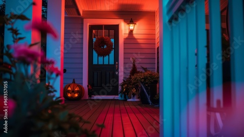 A glowing pumpkin welcomes visitors to a home decorated for Halloween. photo