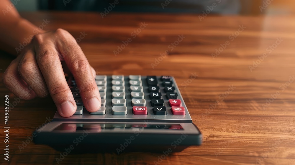 Close-up of a hand using a calculator on a wooden desk. Close-up of a hand using a calculator on a wooden desk.
