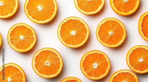 Sliced oranges arranged in a neat pattern on a white surface, showcasing their bright color and juicy texture.