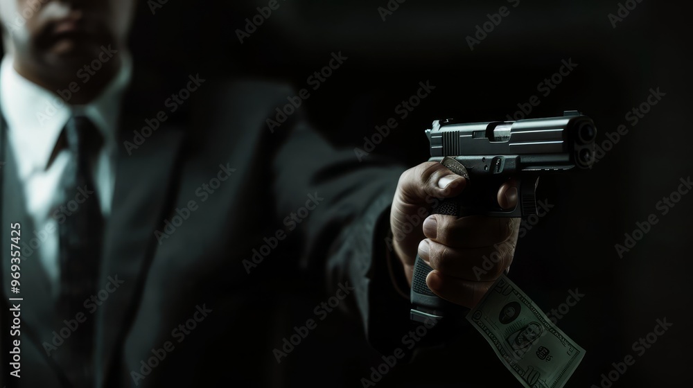 A man holds a gun and money, illustrating a bank robbery with copy space A man holds a gun and money, illustrating a bank robbery with copy space