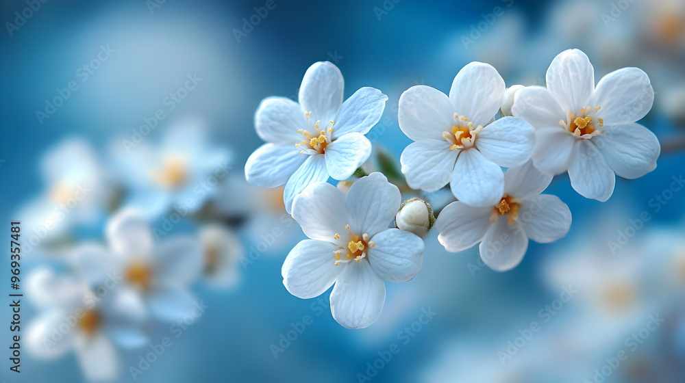 A close-up of delicate white flowers against a soft blue background. A close-up of delicate white flowers against a soft blue background.