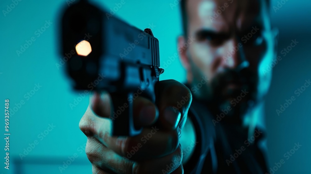 A man points a gun, ready to shoot, depicting a robbery scene with copy space A man points a gun, ready to shoot, depicting a robbery scene with copy space