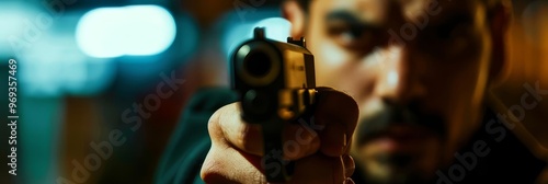 A man points a gun, ready to shoot, depicting a robbery scene With copy space photo