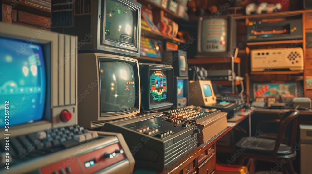 Obraz premium A nostalgic collection of vintage computers and electronics, showcasing retro technology in a cozy, cluttered environment.