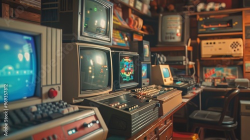 A nostalgic collection of vintage computers and electronics, showcasing retro technology in a cozy, cluttered environment.