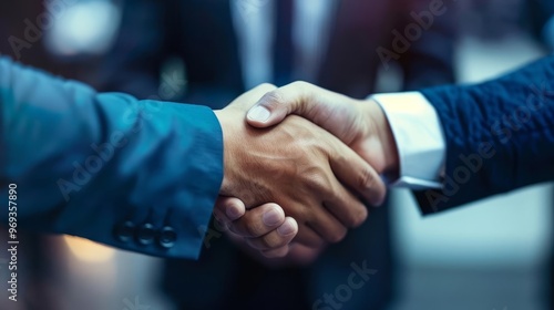 Close-up of two businessmen shaking hands, symbolizing agreement and partnership.