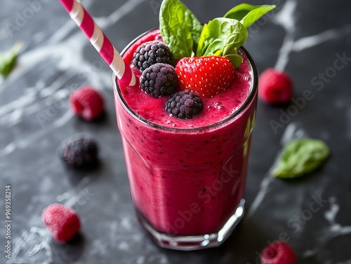 Berry Refresher: A vibrant berry smoothie bursts with flavor, adorned with fresh berries and a playful straw, ready to quench your thirst. photo