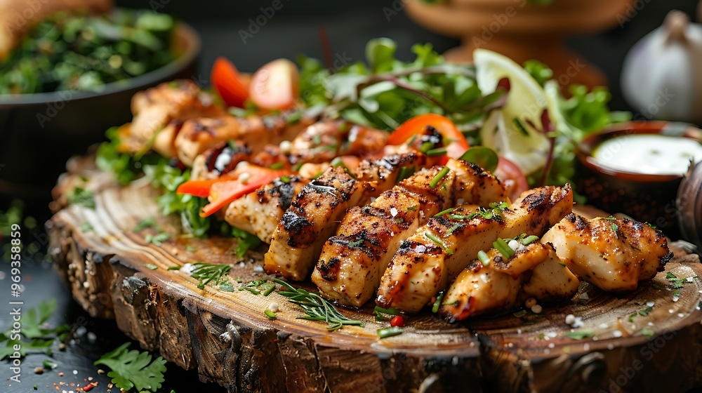 Inspection of greens and grilled chicken shawarma on a platter of wood Inspection of greens and grilled chicken shawarma on a platter of wood
