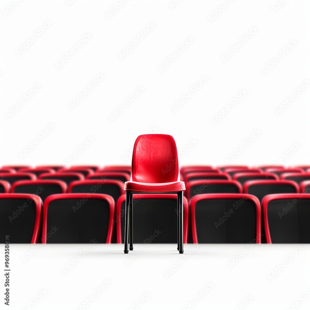 Obraz premium A single red chair stands out in a sea of black chairs, symbolizing uniqueness and leadership.