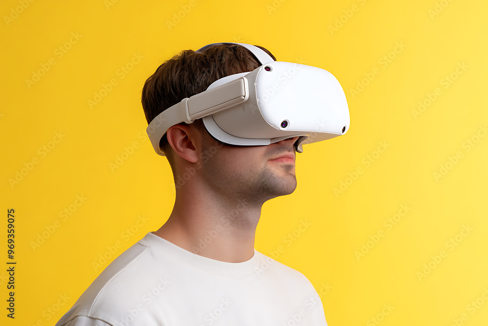 VR headset. Man wearing virtual reality goggles isolated on yellow background. VR headset. Man wearing virtual reality goggles isolated on yellow background.