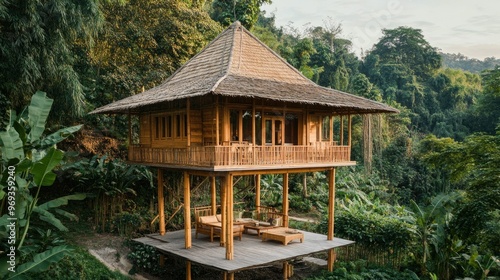 Traditional bamboo house on stilts, surrounded by lush greenery in a rural setting.