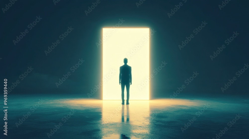 Silhouette of a person standing in front of a brightly lit door, symbolizing mystery, opportunity, or new beginnings in a dark, empty space. Silhouette of a person standing in front of a brightly lit door, symbolizing mystery, opportunity, or new beginnings in a dark, empty space.