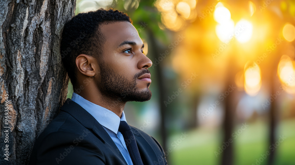 A young businessman leaning against a tree, staring at the sky while contemplating a business idea A young businessman leaning against a tree, staring at the sky while contemplating a business idea