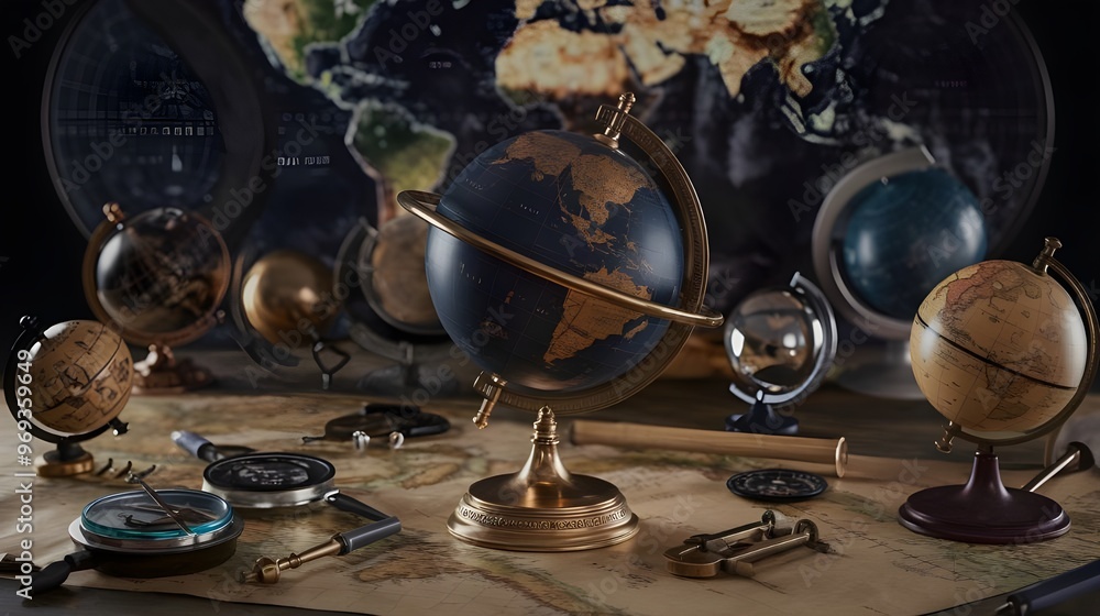 Antique Globes and Navigation Tools on a World Map Antique Globes and Navigation Tools on a World Map