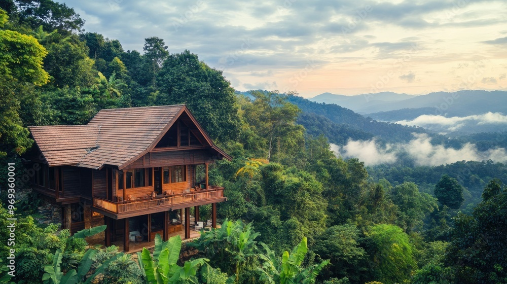 Traditional wooden house on a hillside, surrounded by lush forests. Traditional wooden house on a hillside, surrounded by lush forests.