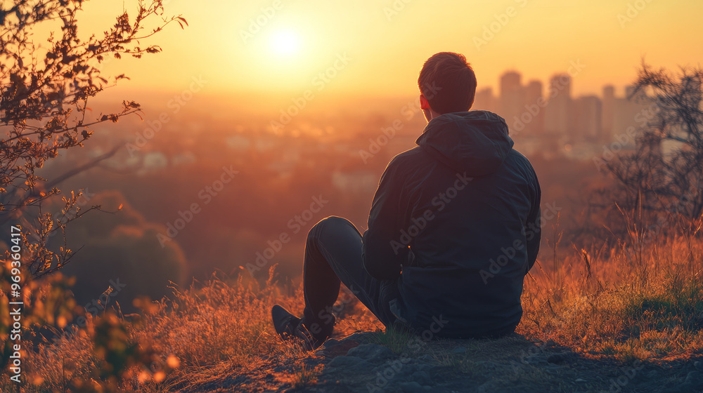 A young professional sitting on a hilltop, watching the sunset while contemplating a business strategy A young professional sitting on a hilltop, watching the sunset while contemplating a business strategy