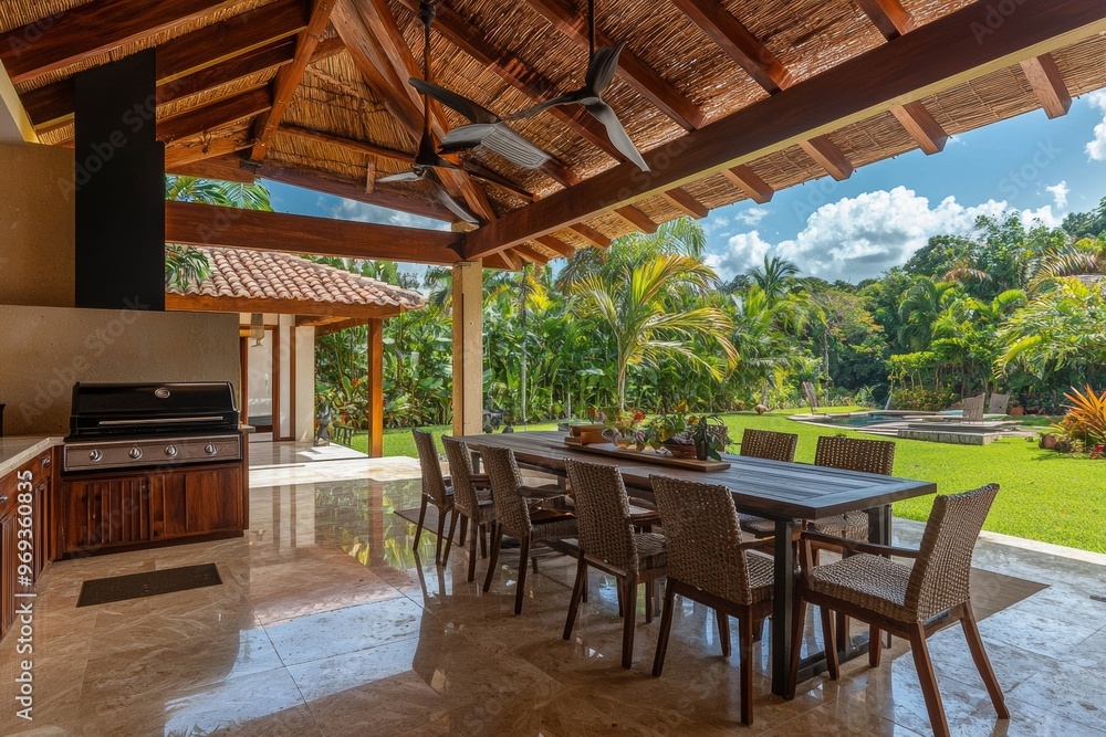 Fototapeta premium A beautiful terrace lounge with a pergola and a wooden table and chairs