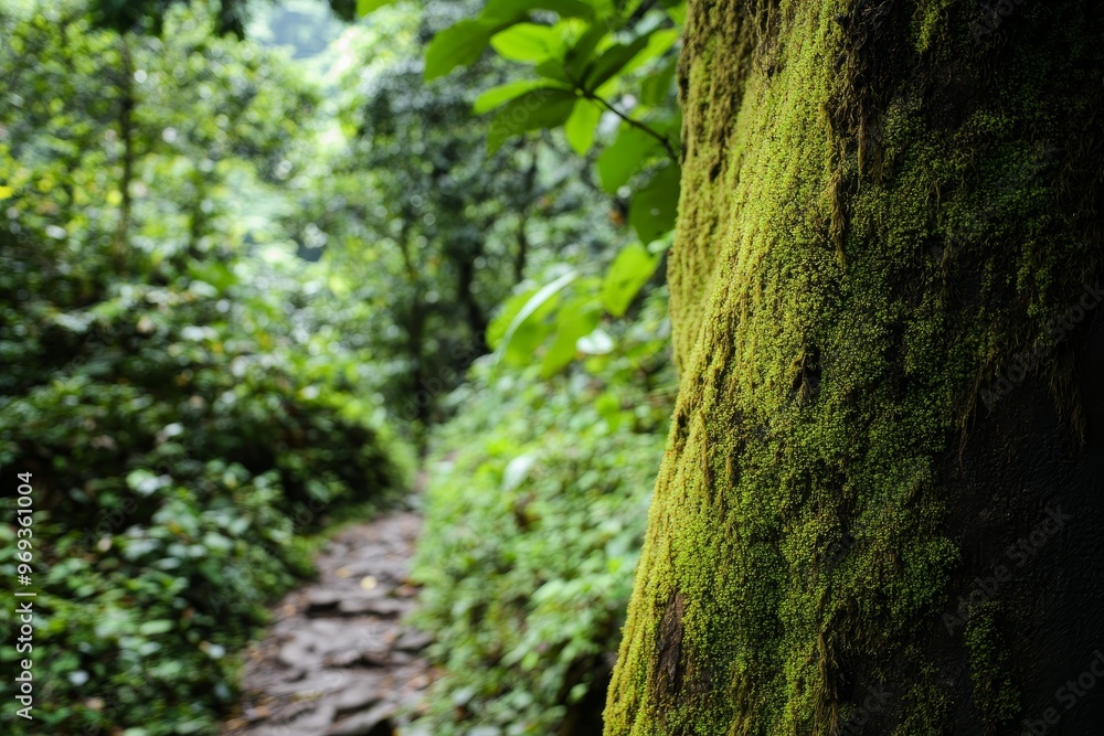 A tropical mystery green forest with fairytale light surrounds a big tree with eyes. Live nature concept. A tropical mystery green forest with fairytale light surrounds a big tree with eyes. Live nature concept.