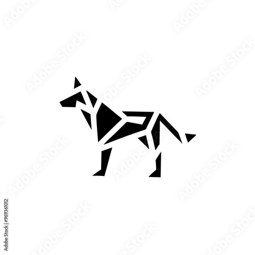 Geometric dog icon in black and white, minimalist animal design