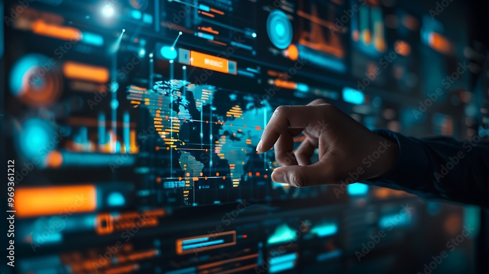 Analyst Reviewing Digital Data Map for Business Analysis, Copy Space Analyst Reviewing Digital Data Map for Business Analysis, Copy Space