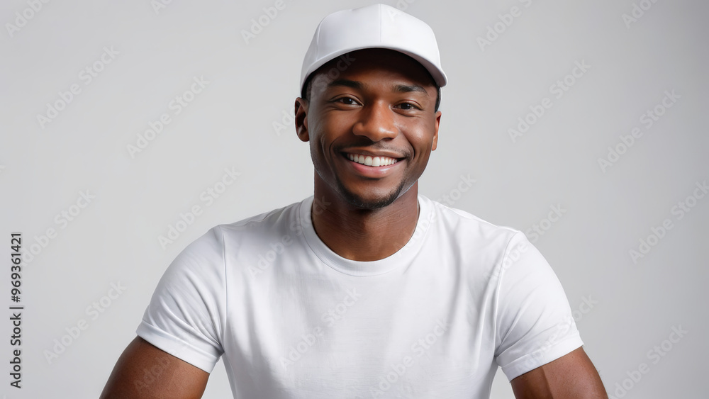 Black man wearing white t-shirt and white baseball cap isolated on grey background Black man wearing white t-shirt and white baseball cap isolated on grey background
