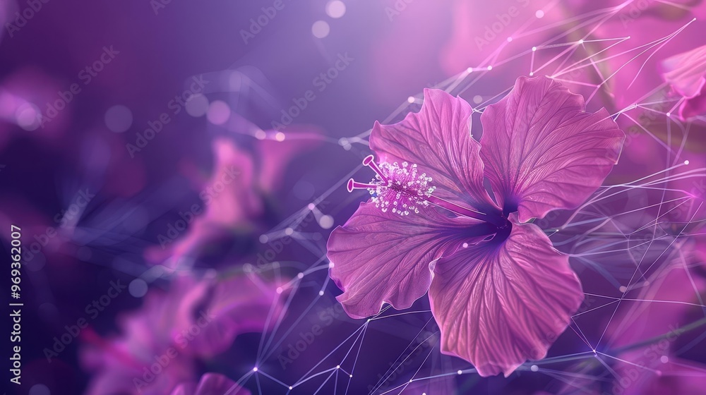 Obraz premium Close-up of a pink hibiscus flower with a delicate web of light.