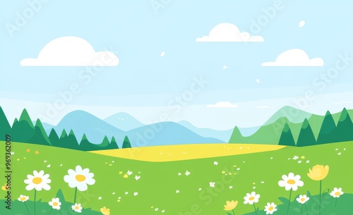 The green grass is barbeque grilling at a park or forest, trees and bushes, flowers scenery background, nature lawn ecology peace modern illustration of the forest nature happy funny picnic cartoon