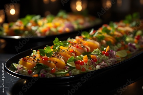 Depiction of catering services food service where combination of gourmet cuisine professional service and creative presentation ensures that every event is memorable illustrated in an abstract design