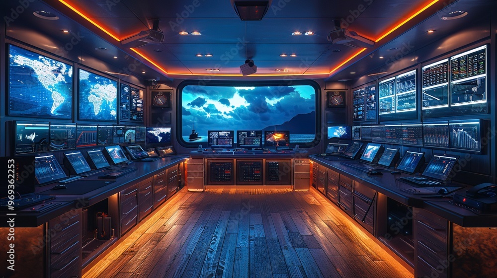 Illustrate a high tech Coast Guard command center, monitoring global seas and ensuring safety on Coast Guard Day Illustrate a high tech Coast Guard command center, monitoring global seas and ensuring safety on Coast Guard Day