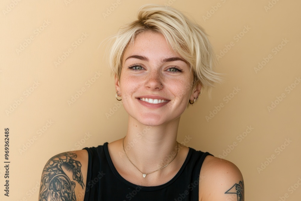 Young blond pretty smiling girl beauty female model with short blonde hair beautiful face healthy skin and tattoos looking at camera isolated at beige background. with generative ai Young blond pretty smiling girl beauty female model with short blonde hair beautiful face healthy skin and tattoos looking at camera isolated at beige background. with generative ai