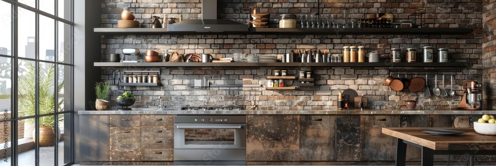 Industrial kitchen with brick wall and open shelves Industrial kitchen with brick wall and open shelves