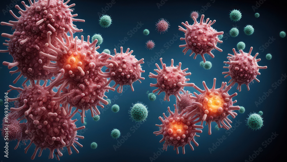 Viruses and microorganisms under a microscope. Abstract composition on a medical theme. Realistic 3D illustration Viruses and microorganisms under a microscope. Abstract composition on a medical theme. Realistic 3D illustration