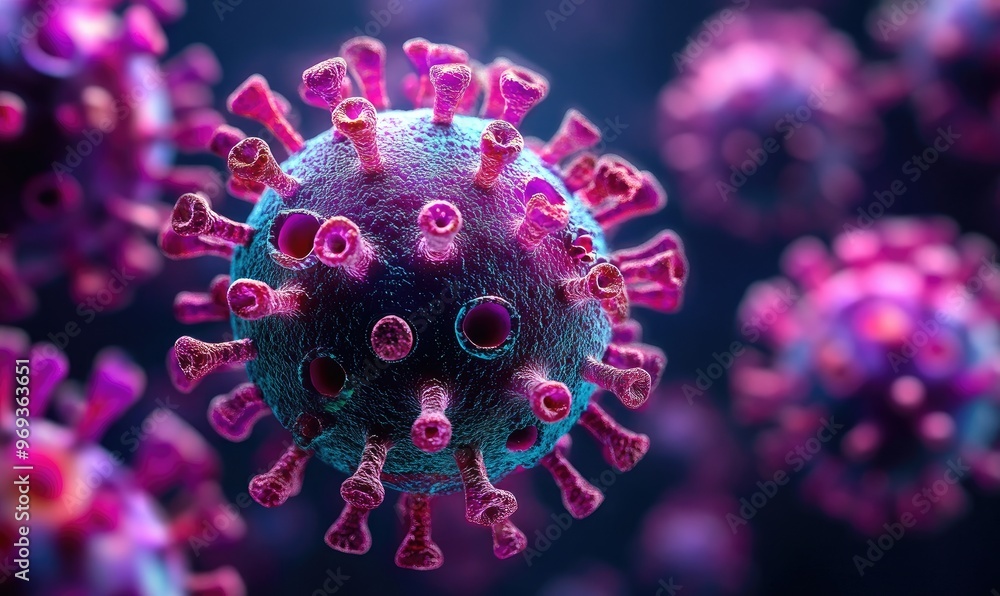 Close-up illustration of a virus, showcasing its structure and molecular features. Close-up illustration of a virus, showcasing its structure and molecular features.