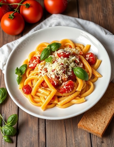 a close up of a plate of pasta with tomatoes and basil.