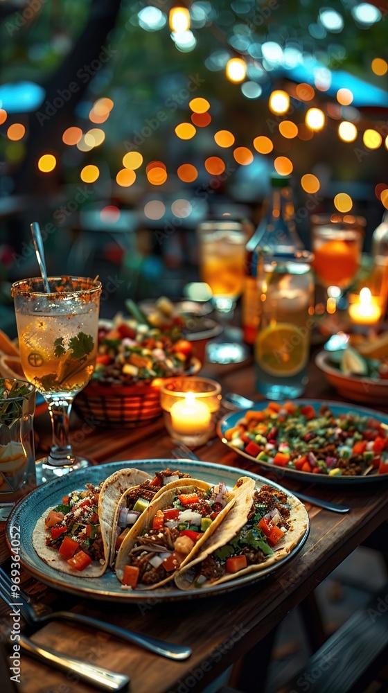 Mid angle Shot , Mexican , Emotion Festive , Scene Colorful fiesta table with tacos, guacamole, and margaritas , Balanced , Lighting Party Lights , Evening , Mexican Cantina Mid angle Shot , Mexican , Emotion Festive , Scene Colorful fiesta table with tacos, guacamole, and margaritas , Balanced , Lighting Party Lights , Evening , Mexican Cantina