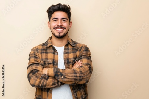 Young hispanic man standing over isolated background happy face smiling with crossed arms looking at the camera. positive person with generative ai