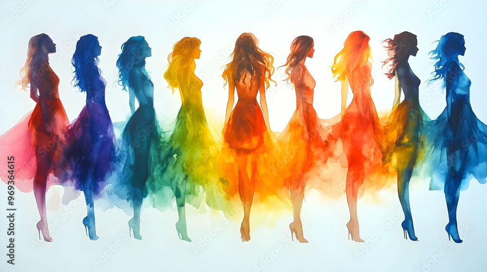A colorful silhouette of women in flowing dresses, representing diversity and elegance. A colorful silhouette of women in flowing dresses, representing diversity and elegance.