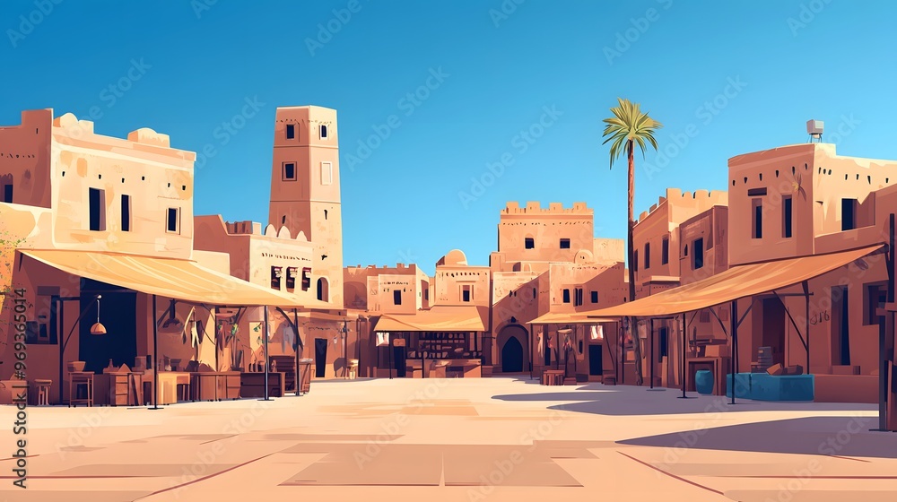 Fototapeta premium A minimalistic 2D flat ancient town with a central square, simple market stalls, and earthy brown tones against a deep blue sky