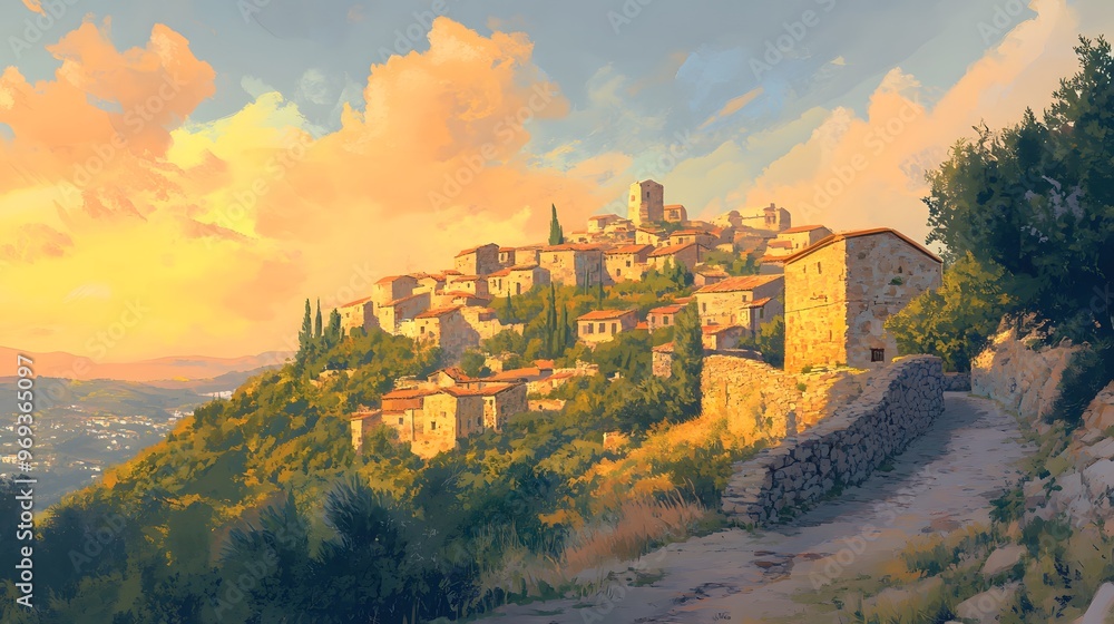 A 2D flat abstract of an ancient hilltop village, with layered stone walls, narrow paths, and a soft, pastel-colored sunset A 2D flat abstract of an ancient hilltop village, with layered stone walls, narrow paths, and a soft, pastel-colored sunset