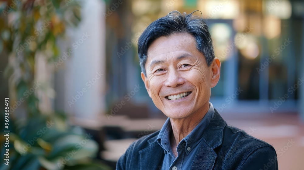 Fototapeta premium Portrait of a smiling, mature Asian man, exuding confidence and wisdom with copy space
