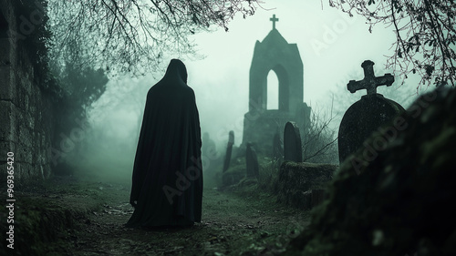 A man in a black cloak stands in front of a cemetery
