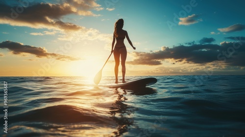 A female doing paddleboarding in water
