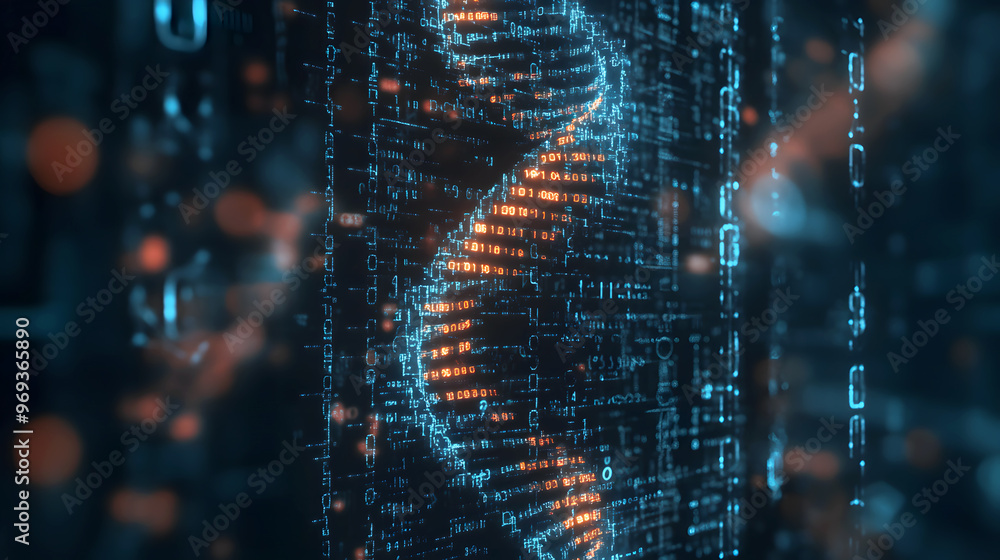 double helix of DNA, surrounded by digital numbers and genetic codes, illustrating the intricate relationship between the chromosome code double helix of DNA, surrounded by digital numbers and genetic codes, illustrating the intricate relationship between the chromosome code