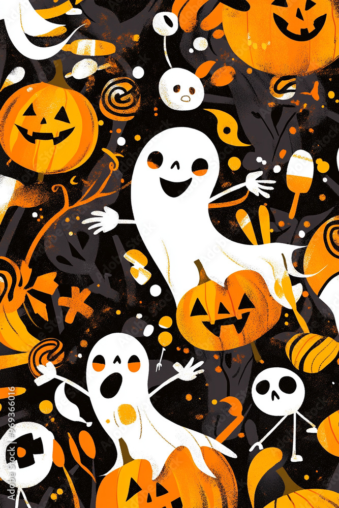 Cute and spooky Halloween illustration, smiling ghosts and friendly skeletons, bright orange pumpkins and candy, fun and whimsical style, bright colors with playful expressions. Cute and spooky Halloween illustration, smiling ghosts and friendly skeletons, bright orange pumpkins and candy, fun and whimsical style, bright colors with playful expressions.